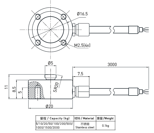 Type micro 5kg de compression de capteur de pression de piézoélectrique d'acier inoxydable de profil bas à 2000kg
