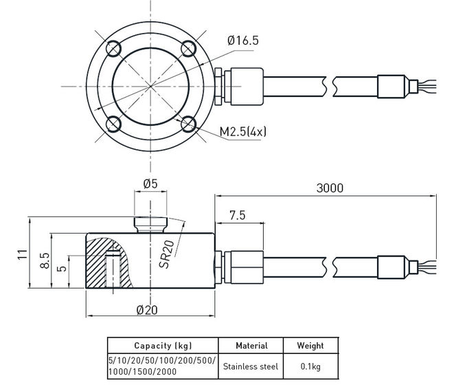 Capteur de pression de piézoélectrique imperméable micro de jauge de contrainte 5kg - 2t avec le profil bas, acier inoxydable