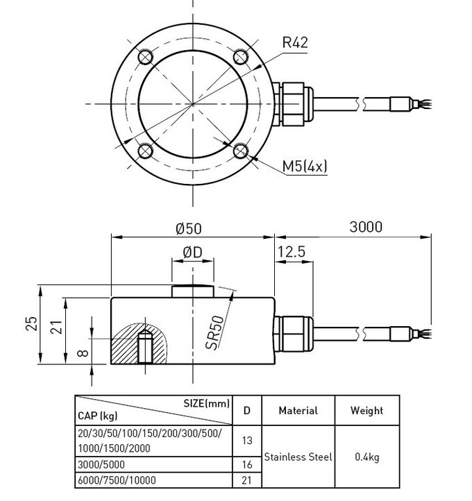 Type de compression de capteur de pression de piézoélectrique de jauge de contrainte d'essai du contrat 20kg de profil bas