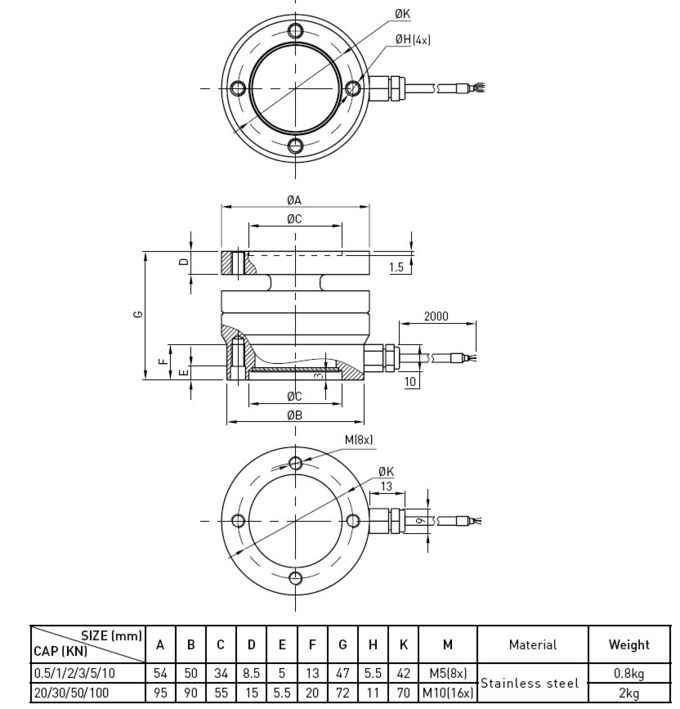 Transducteur de capteur de pression de piézoélectrique de compression et de tension de sonde de force d'acier inoxydable